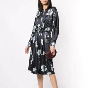 Vince Iris Print Long Sleeve Coastal Satin Floral Midi Dress Navy Blue Size L